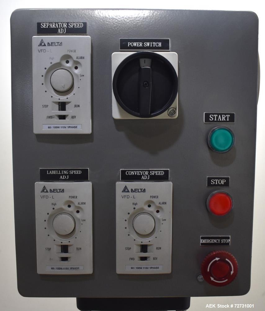 Used Label-Aire 5100 Automatic Wraparound Pressure Sensitive Labeler, Model 5100 6.0" X 8FT 3115. Capable of dispensing up to 1200" per minute. Web width .63" to 7.13". Has a 7"H x 12"L wrap belt. 7"...