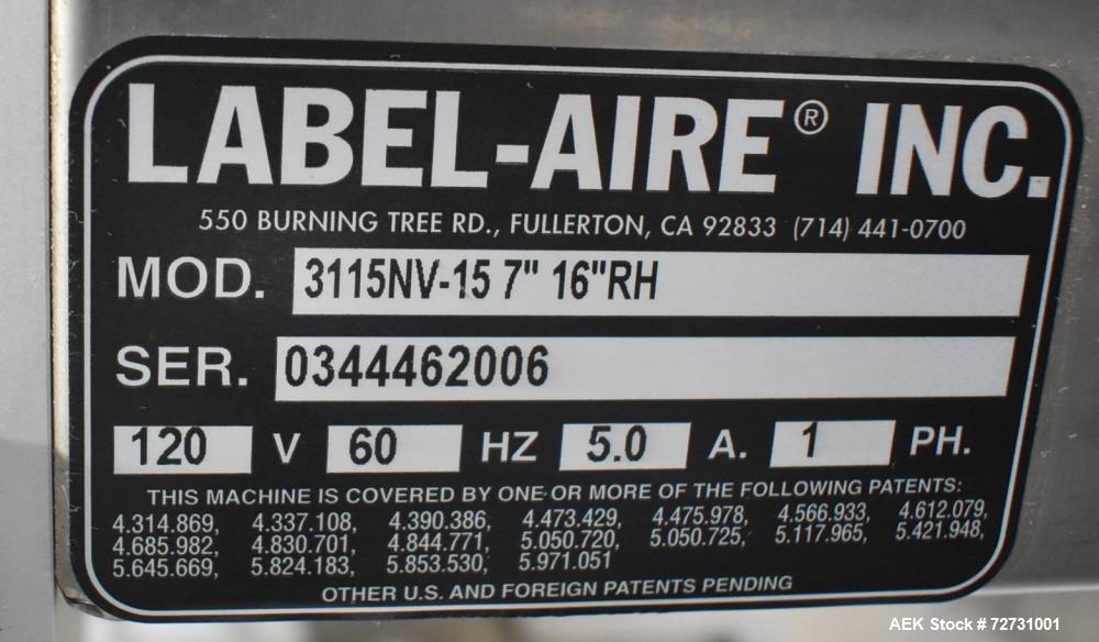 Used- Label-Aire 5100 Automatic Wraparound Pressure Sensitive Labeler, Model 5100 6.0" X 8FT 3115. Capable of dispensing up ...