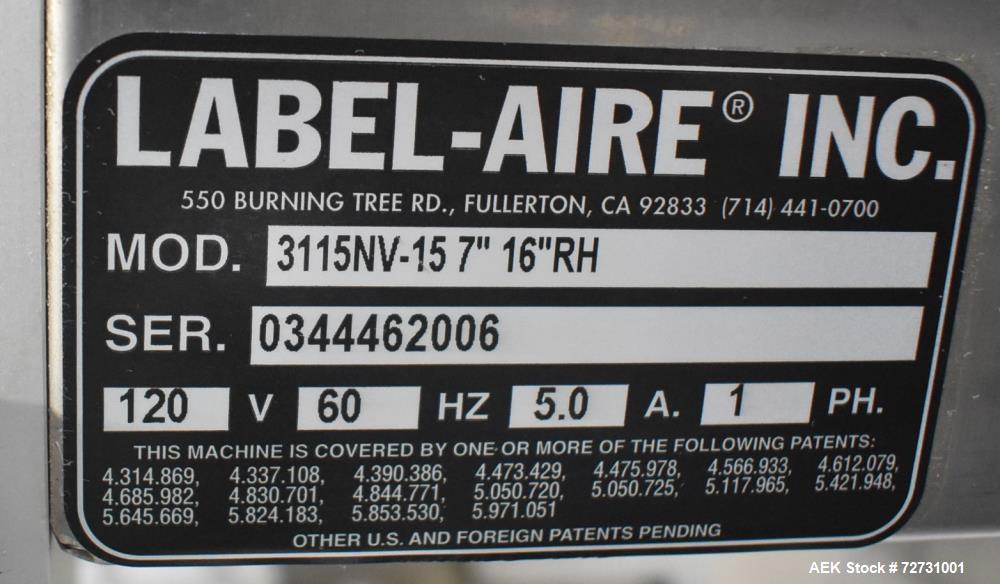 Used Label-Aire 5100 Automatic Wraparound Pressure Sensitive Labeler, Model 5100 6.0" X 8FT 3115. Capable of dispensing up to 1200" per minute. Web width .63" to 7.13". Has a 7"H x 12"L wrap belt. 7"...