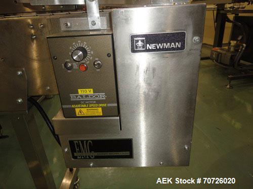 Used Newman NV2 (NVII) Automatic Pressure Sensitive Labeler. Capable of speeds up to 150 containers per minute. Has a label size range: 10mm to 150mm. Model NV11, Serial #95234. Features single head ...