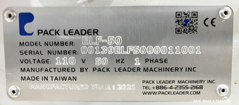 Used Pack Leader Model ELF-50 Wraparound Labeler. Maximum dispensing speed: 52.5'/minute, (16m/minute), 60 cont/minute. Maximum label size 4.75" x 11.8" (120mm x 300mm). Maximum container width: 6.3"...
