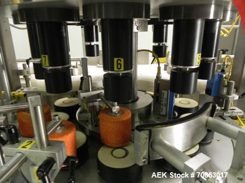 Used Weiler Labeling Systems (Sancoa) Model PRL-2000-S10 Rotary Pressure Sensitive Labeler. 10 Head unit designed to run front and back and wrap applications. Originally ran from 7 ml - 30 ml round b...