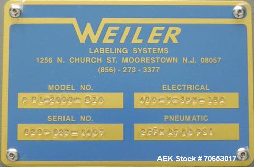 Used Weiler Labeling Systems (Sancoa) Model PRL-2000-S10 Rotary Pressure Sensitive Labeler. 10 Head unit designed to run front and back and wrap applications. Originally ran from 7 ml - 30 ml round b...