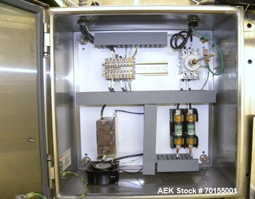 Used Axon Corporation EZ-100 Tamper Evident Band and Sleeve Label Applicator capable of speeds up to 150 packages per minute. Stainless steel design. Has vertical perforation, power unwind station an...