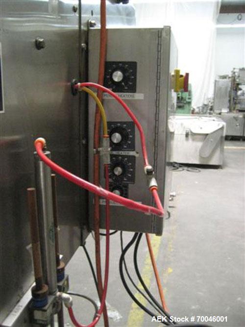 Used Axon "Styrotech" Sleeve Labeler or Tamper Evident Band Applicator, EZ-200 Series, Serial# E0201106. Machine is a single head design and can perform at up to 120 containers per minute. This machi...