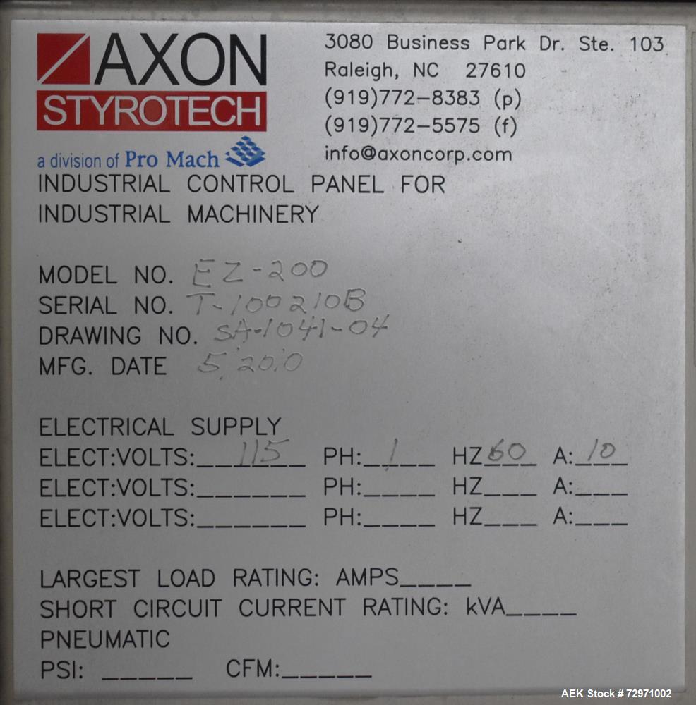 Used Axon Styrotech EZ-Seal EZ-200 Single Head Tamper Evident Neck Bander. Designed to run up to 120 containers per minute. 1-60/115 volt, 10 amp, serial # T-100210B, built 05/2010. Includes a heat s...