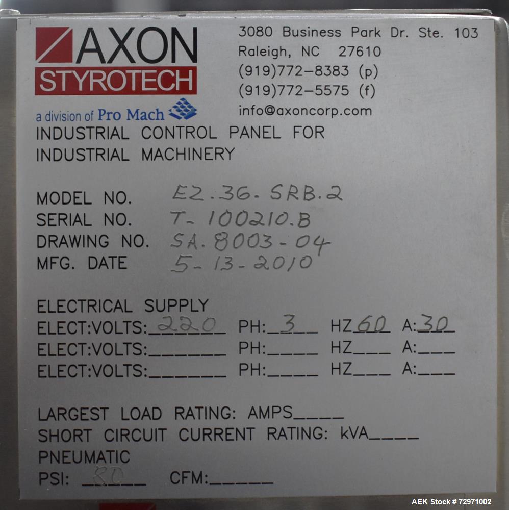 Used Axon Styrotech EZ-Seal EZ-200 Single Head Tamper Evident Neck Bander. Designed to run up to 120 containers per minute. 1-60/115 volt, 10 amp, serial # T-100210B, built 05/2010. Includes a heat s...