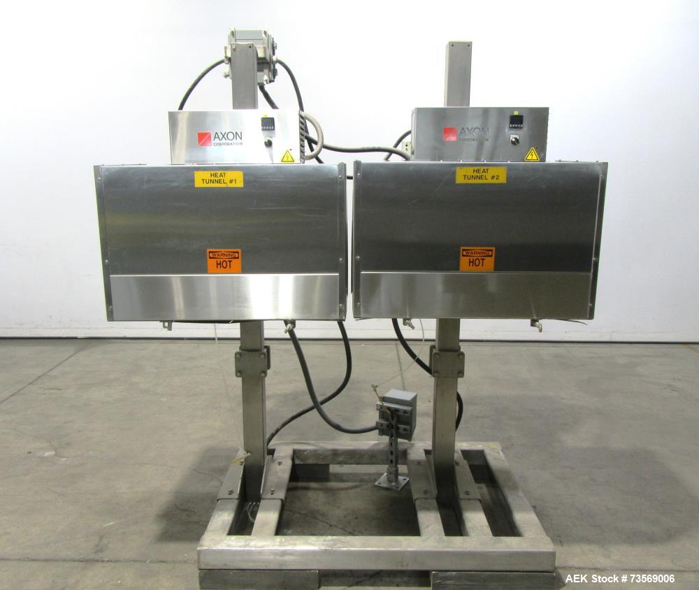 Used Axon Dual Zone Styrotech Shrink Tunnel, Model EZ-72-HT. Total tunnel length 72". 10-1/2" wide x 14" tall tunnel. Dual zone convective air heat tunnel. 1/60/230 Volt.