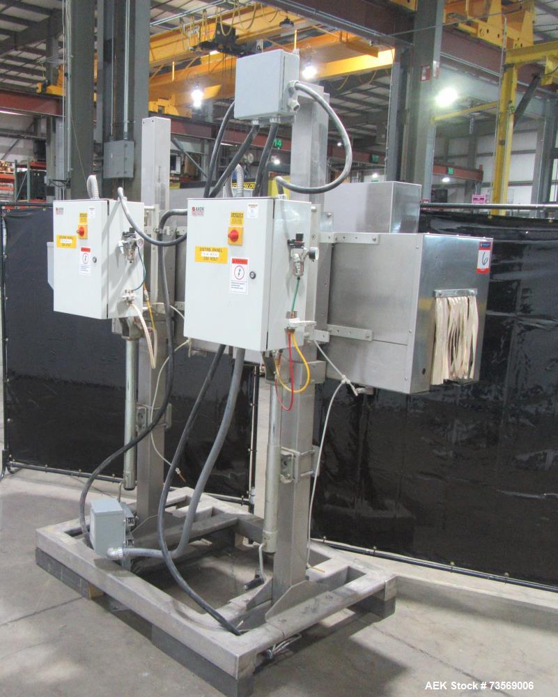 Used Axon Dual Zone Styrotech Shrink Tunnel, Model EZ-72-HT. Total tunnel length 72". 10-1/2" wide x 14" tall tunnel. Dual zone convective air heat tunnel. 1/60/230 Volt.