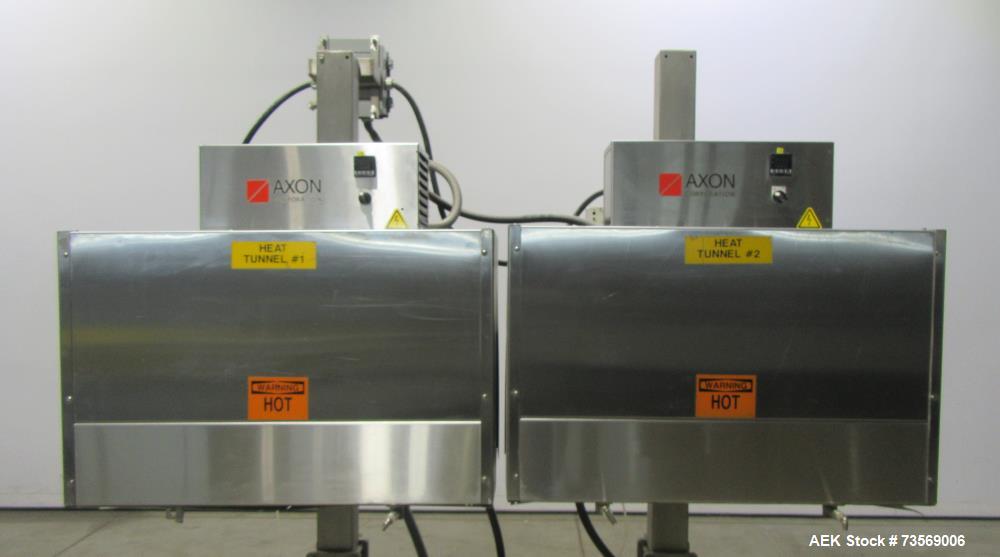 Used Axon Dual Zone Styrotech Shrink Tunnel, Model EZ-72-HT. Total tunnel length 72". 10-1/2" wide x 14" tall tunnel. Dual zone convective air heat tunnel. 1/60/230 Volt.