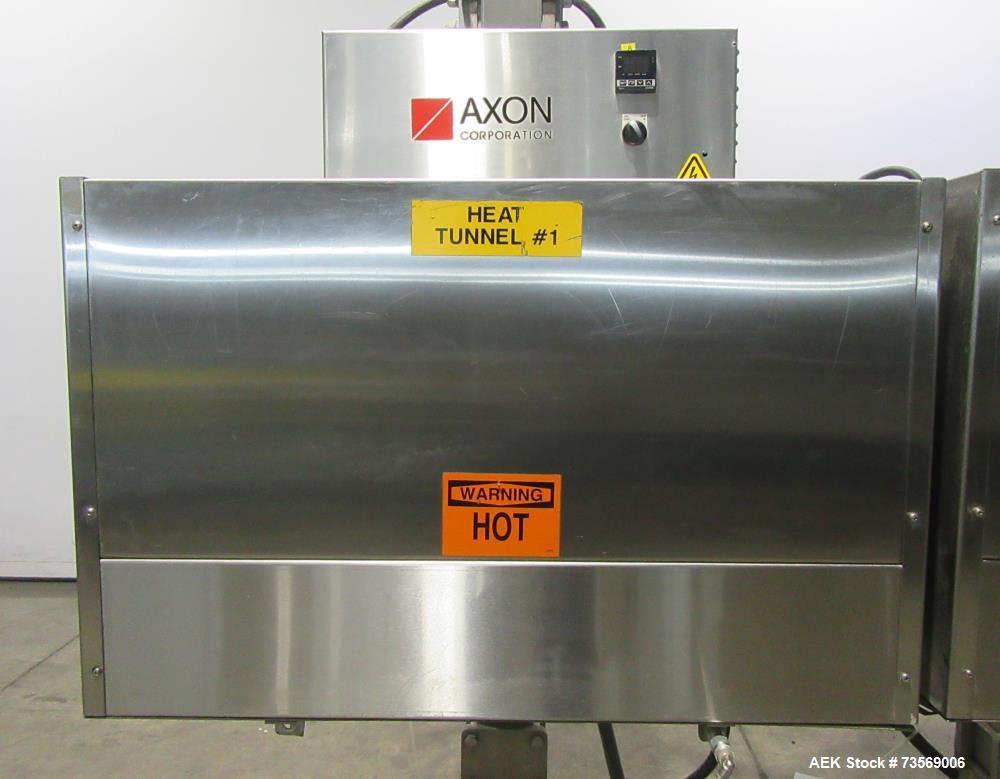 Used Axon Dual Zone Styrotech Shrink Tunnel, Model EZ-72-HT. Total tunnel length 72". 10-1/2" wide x 14" tall tunnel. Dual zone convective air heat tunnel. 1/60/230 Volt.