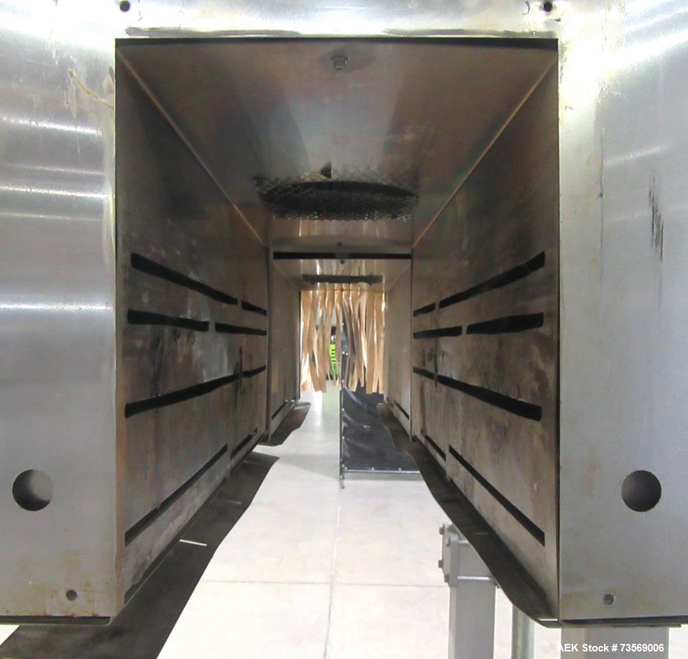 Used Axon Dual Zone Styrotech Shrink Tunnel, Model EZ-72-HT. Total tunnel length 72". 10-1/2" wide x 14" tall tunnel. Dual zone convective air heat tunnel. 1/60/230 Volt.
