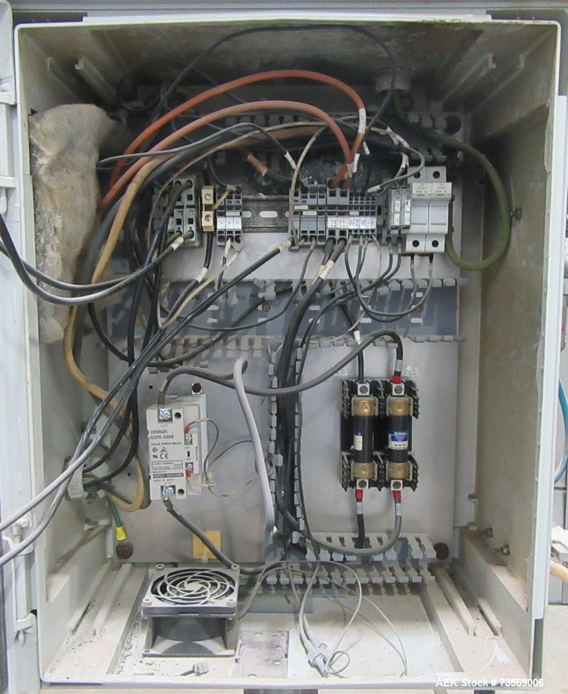 Used Axon Dual Zone Styrotech Shrink Tunnel, Model EZ-72-HT. Total tunnel length 72". 10-1/2" wide x 14" tall tunnel. Dual zone convective air heat tunnel. 1/60/230 Volt.