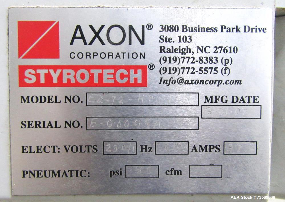 Used Axon Dual Zone Styrotech Shrink Tunnel, Model EZ-72-HT. Total tunnel length 72". 10-1/2" wide x 14" tall tunnel. Dual zone convective air heat tunnel. 1/60/230 Volt.