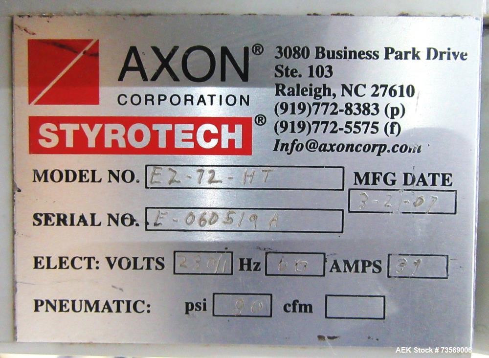 Used Axon Dual Zone Styrotech Shrink Tunnel, Model EZ-72-HT. Total tunnel length 72". 10-1/2" wide x 14" tall tunnel. Dual zone convective air heat tunnel. 1/60/230 Volt.