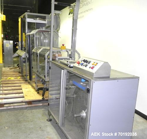 Used Fuji Intersleeve Model 3200H Horizontal sleeve labeler. Maximum speed 15,000/hour ( ref. sleeve 100 cl x 30lfw). Product diameter 8-40mm, product length 40-200mm. Last running plastic vials off ...