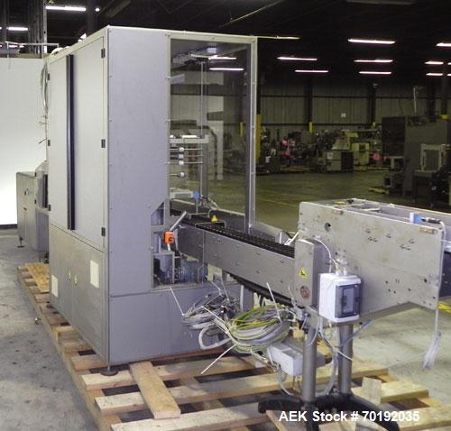 Used Fuji Intersleeve Model 3200H Horizontal sleeve labeler. Maximum speed 15,000/hour ( ref. sleeve 100 cl x 30lfw). Product diameter 8-40mm, product length 40-200mm. Last running plastic vials off ...
