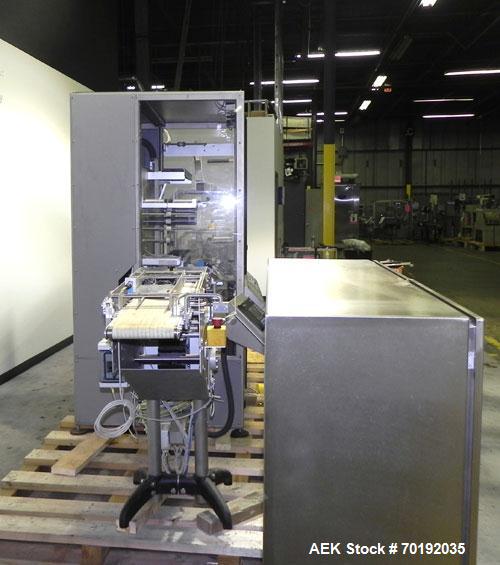 Used Fuji Intersleeve Model 3200H Horizontal sleeve labeler. Maximum speed 15,000/hour ( ref. sleeve 100 cl x 30lfw). Product diameter 8-40mm, product length 40-200mm. Last running plastic vials off ...