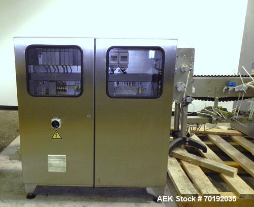 Used Fuji Intersleeve Model 3200H Horizontal sleeve labeler. Maximum speed 15,000/hour ( ref. sleeve 100 cl x 30lfw). Product diameter 8-40mm, product length 40-200mm. Last running plastic vials off ...