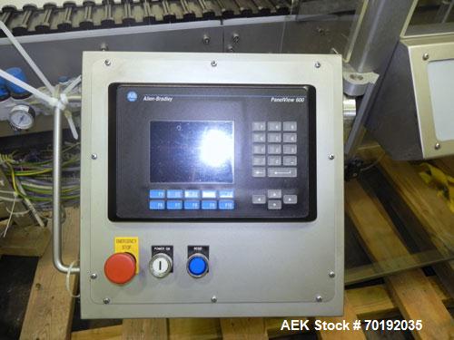 Used Fuji Intersleeve Model 3200H Horizontal sleeve labeler. Maximum speed 15,000/hour ( ref. sleeve 100 cl x 30lfw). Product diameter 8-40mm, product length 40-200mm. Last running plastic vials off ...