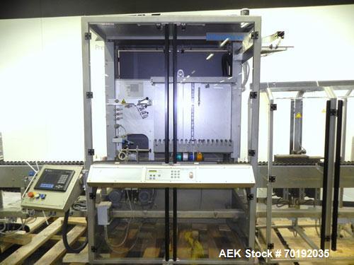Used Fuji Intersleeve Model 3200H Horizontal sleeve labeler. Maximum speed 15,000/hour ( ref. sleeve 100 cl x 30lfw). Product diameter 8-40mm, product length 40-200mm. Last running plastic vials off ...