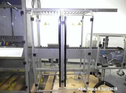 Used Fuji Intersleeve Model 3200H Horizontal sleeve labeler. Maximum speed 15,000/hour ( ref. sleeve 100 cl x 30lfw). Product diameter 8-40mm, product length 40-200mm. Last running plastic vials off ...