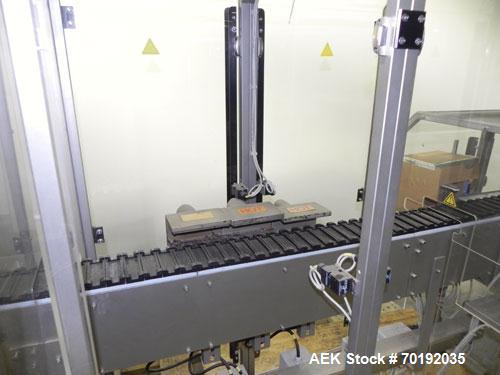 Used Fuji Intersleeve Model 3200H Horizontal sleeve labeler. Maximum speed 15,000/hour ( ref. sleeve 100 cl x 30lfw). Product diameter 8-40mm, product length 40-200mm. Last running plastic vials off ...