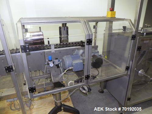 Used Fuji Intersleeve Model 3200H Horizontal sleeve labeler. Maximum speed 15,000/hour ( ref. sleeve 100 cl x 30lfw). Product diameter 8-40mm, product length 40-200mm. Last running plastic vials off ...