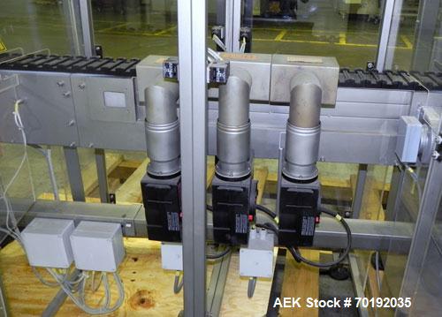 Used Fuji Intersleeve Model 3200H Horizontal sleeve labeler. Maximum speed 15,000/hour ( ref. sleeve 100 cl x 30lfw). Product diameter 8-40mm, product length 40-200mm. Last running plastic vials off ...