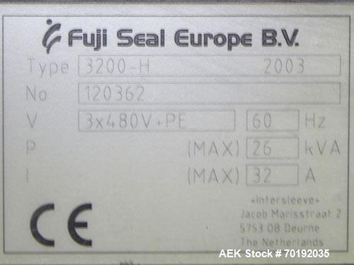 Used Fuji Intersleeve Model 3200H Horizontal sleeve labeler. Maximum speed 15,000/hour ( ref. sleeve 100 cl x 30lfw). Product diameter 8-40mm, product length 40-200mm. Last running plastic vials off ...