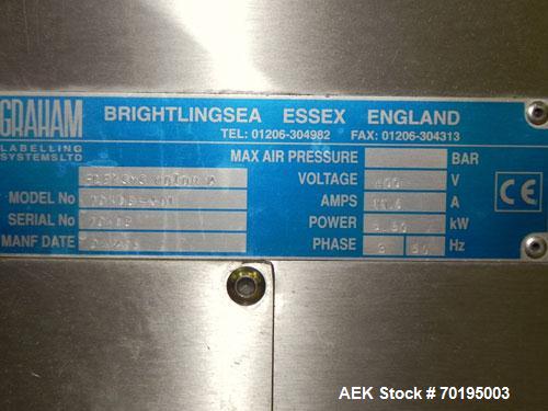 Used Graham Packaging RF200LRSleeve Labeler. Capable of speeds up to 200 bottles per minute. Sleeve layflat range of 30mm - 200mm,cut length up to 200mm. Has dual wormscrew infeed, HMI interface and ...