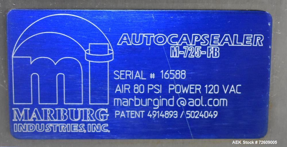 Used Marburg Industries Model M-725-FB Auto Cap Sealer. Approximate speeds up to 200 units per minute. Approximate bands up to a 70mm closure. Has Mitsubishi MELSEC PLC, Mitsubishi drive. Serial# 165...