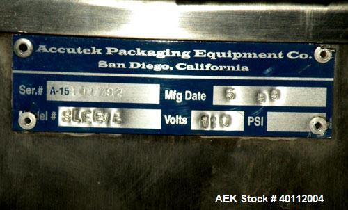 Used Accutek Accusleever Tamper Evident Neck Bander Or Shrink Sleeve Labeler. Capable of speeds up to 60 cpm. Film sizes: Lay flat 16 mm to 150 mm and cut length 16 mm to75 mm. Inclueds a shrink tunn...