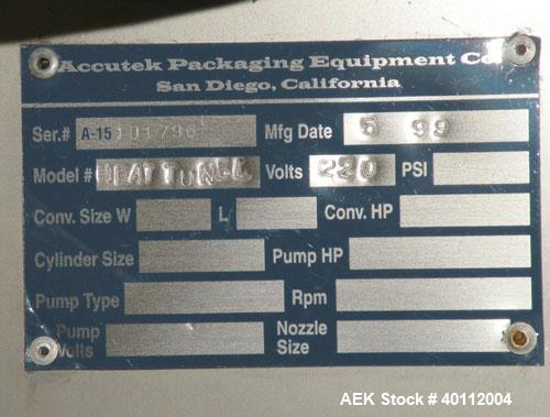 Used Accutek Accusleever Tamper Evident Neck Bander Or Shrink Sleeve Labeler. Capable of speeds up to 60 cpm. Film sizes: Lay flat 16 mm to 150 mm and cut length 16 mm to75 mm. Inclueds a shrink tunn...