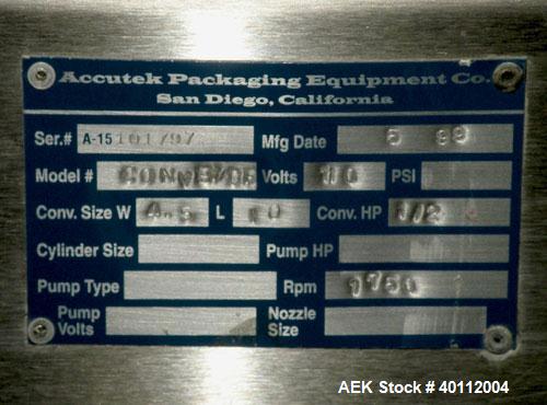 Used Accutek Accusleever Tamper Evident Neck Bander Or Shrink Sleeve Labeler. Capable of speeds up to 60 cpm. Film sizes: Lay flat 16 mm to 150 mm and cut length 16 mm to75 mm. Inclueds a shrink tunn...