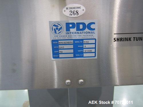 Used PDC Model 60ER shrink sleeve labeler. Capable of speeds from 50 to 130 containers per minute. Sleeve range: (Diam) .375" to 3" or 10mm to 75mm (Height) .625" to 4" or 15mm to 100mm. Has wormscre...