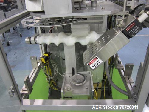 Used PDC Model 60ER shrink sleeve labeler. Capable of speeds from 50 to 130 containers per minute. Sleeve range: (Diam) .375" to 3" or 10mm to 75mm (Height) .625" to 4" or 15mm to 100mm. Has wormscre...