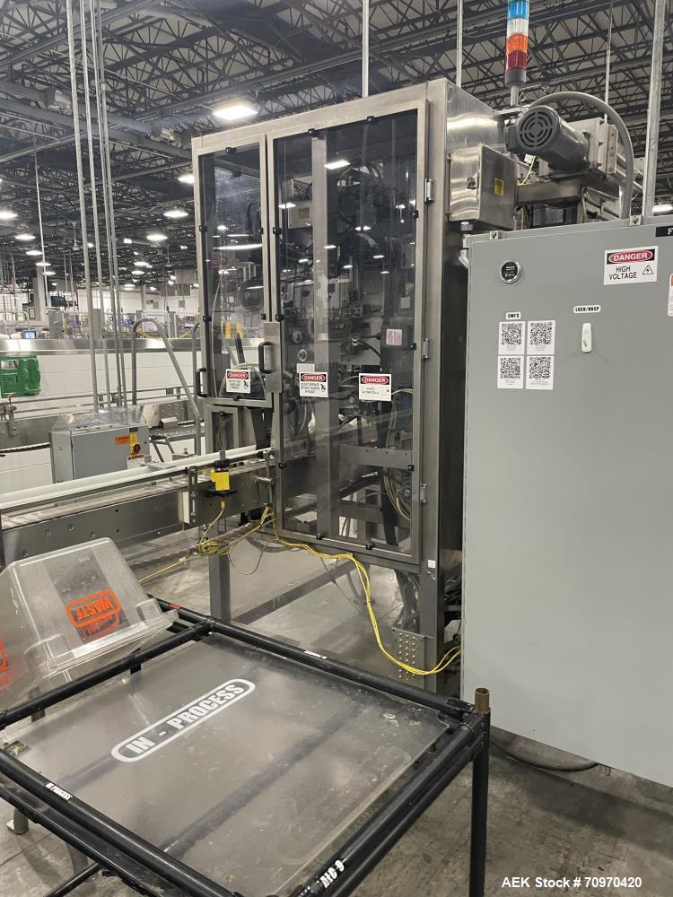 Used-PDC Model R-300Tsert inline sleeve labeler. Has dual worm infeed, with registration and perforating wheel. Last running...