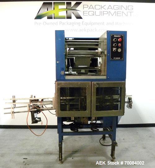 Used SleeveCo Model ST-2200R Stretch Sleeve Applicator capable of speeds up to 60 bottles per minute. Currently set up on round gallon containers, has film registration. Machine footprint 48" long x ...