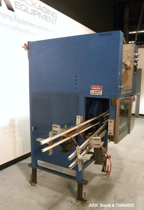 Used SleeveCo Model ST-2200R Stretch Sleeve Applicator capable of speeds up to 60 bottles per minute. Currently set up on round gallon containers, has film registration. Machine footprint 48" long x ...