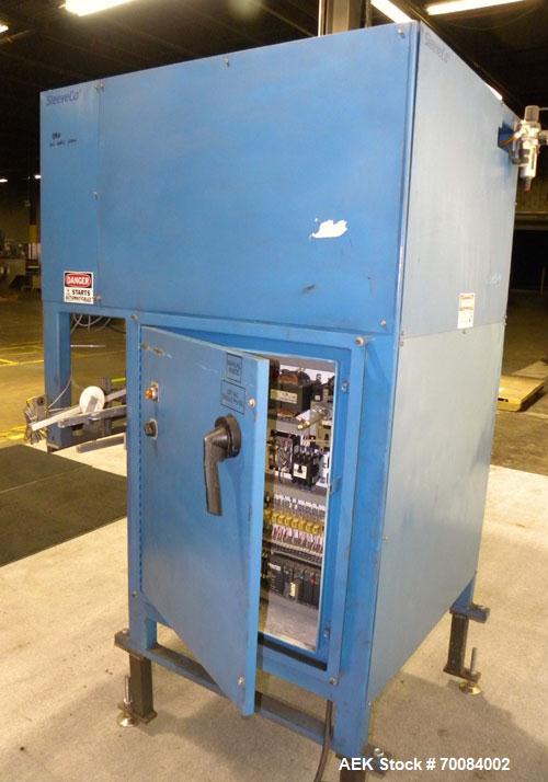 Used SleeveCo Model ST-2200R Stretch Sleeve Applicator capable of speeds up to 60 bottles per minute. Currently set up on round gallon containers, has film registration. Machine footprint 48" long x ...
