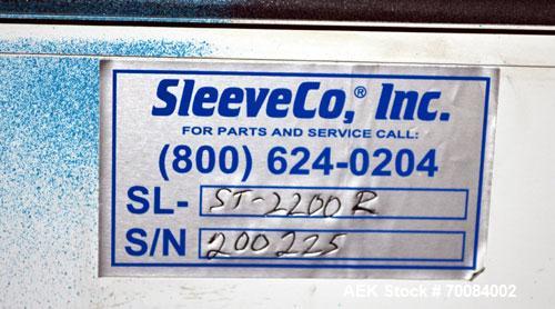 Used SleeveCo Model ST-2200R Stretch Sleeve Applicator capable of speeds up to 60 bottles per minute. Currently set up on round gallon containers, has film registration. Machine footprint 48" long x ...