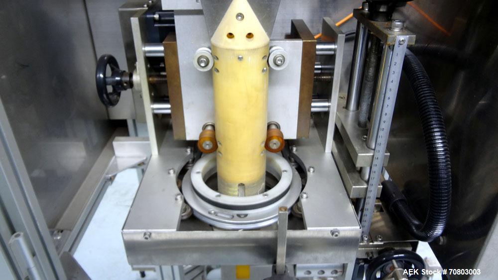 Used TriPack LSA-160 Automatic Shrink Sleeve Labeler Applicator / Neck Bander. Capable of speeds up to 100 BPM. Layflat width 40mm-170mm. Product Diameter 1" to 4.5". Cut off length 30mm-200mm. Thick...
