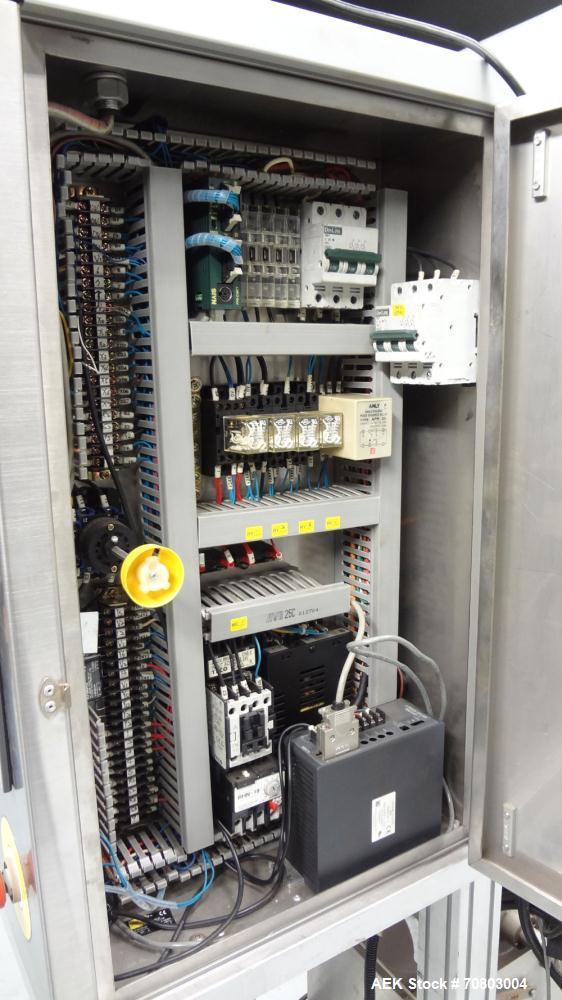 Used TriPack LSA-160 Automatic Shrink Sleeve Labeler Applicator / Neck Bander. Capable of speeds up to 100 BPM. Layflat width 40mm-170mm. Product Diameter 1" to 4.25". Cut off length 30mm-200mm. Thic...