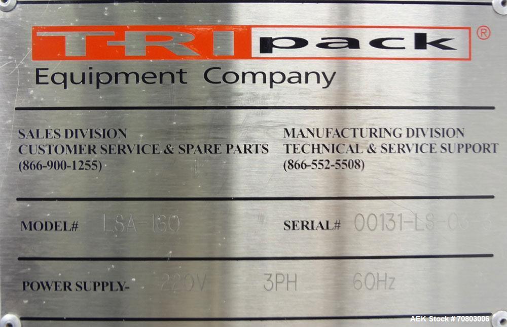 Used TriPack LSA-160 Automatic Shrink Sleeve Labeler Applicator / Neck Bander. Capable of speeds up to 100 BPM. Layflat width 40mm-170mm. Product diameter 25mm to 1" to 110mm. Cut off length 30mm-200...