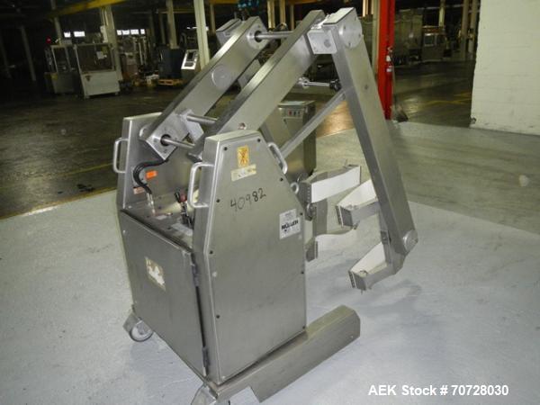 Used Muller Drum Lift and Tilt, Type SLDNE75/4, stainless steel construction, rated 150 kg capacity, serial #923725, new 1992.