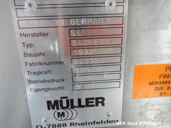 Used Muller Drum Lift and Tilt, Type SLDNE75/4, stainless steel construction, rated 150 kg capacity, serial #923725, new 1992.