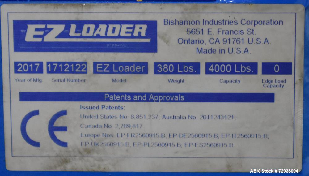 Used- Bishamon Industries Model EZ Loader Lift. 4000 lbs Capacity. 43" Diameter. Air operated. Approximate 30.5" raised heig...
