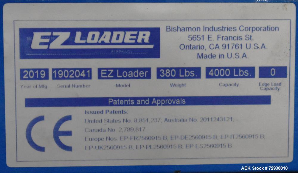 Used- Bishamon Industries Model EZ Loader Lift. 4000 lbs Capacity. 43" Diameter. Air operated. Approximate 30.5" raised heig...