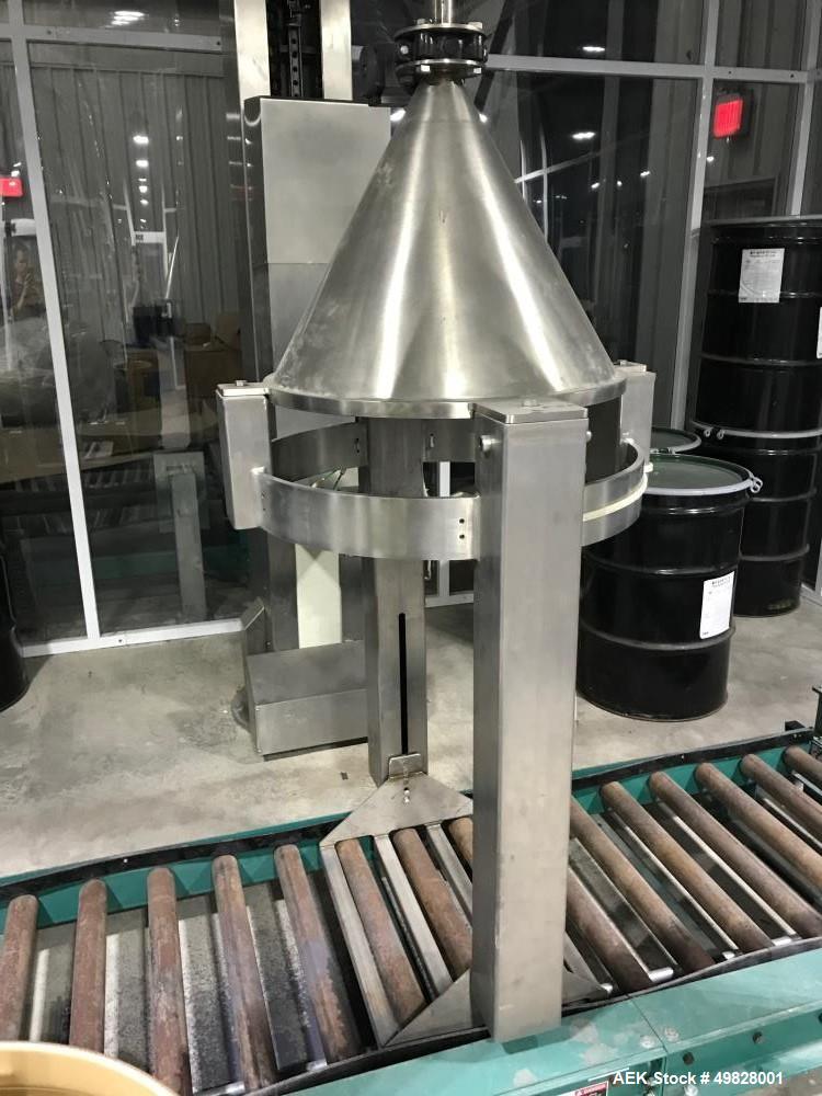 Used Meto Lift Drum Manipulator/Inverter, Model M2414-41. Top mounting plate: 8” x 8” sq. SS Floor Plate: 24” diameter. SS Column Height: 384”. Column size: 13” wide x 13” deep lift. Capacity: 330 kg...